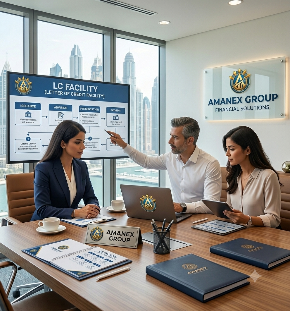 LC FACILITY (LETTER OF CREDIT FACILITY) Amanex Group advisers explaining a letter of credit facility during a client meeting.