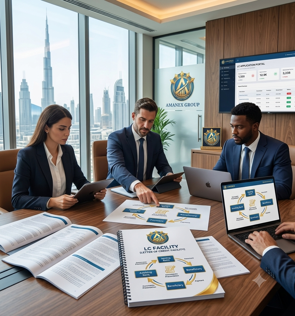TR FACILITY (TRUST RECEIPT FACILITY) Amanex Group banking advisers reviewing a letter of credit application and transaction workflow.